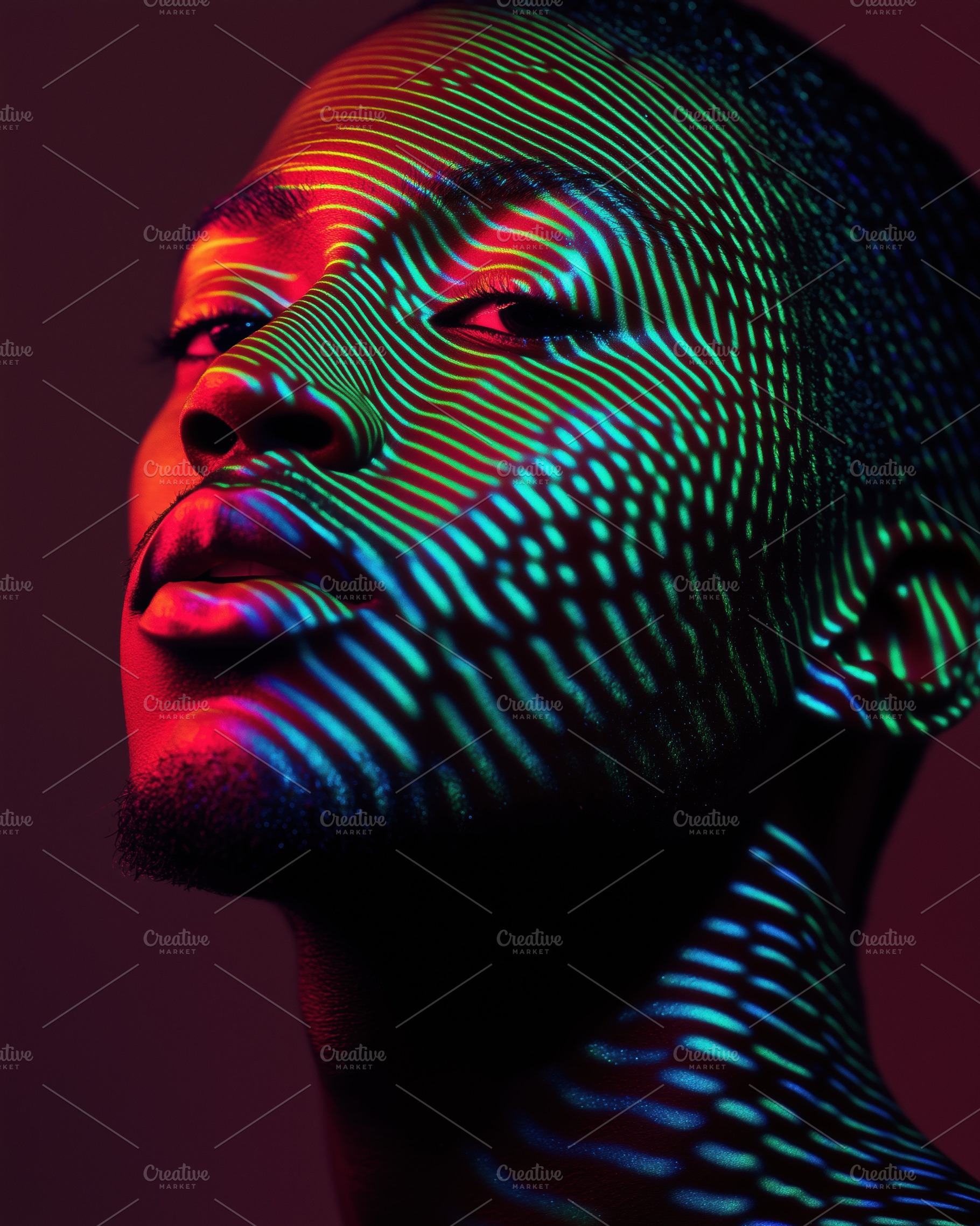 A striking portrait of a person with colorful light patterns projected on their, a Person Photo by Textures & Backgrounds