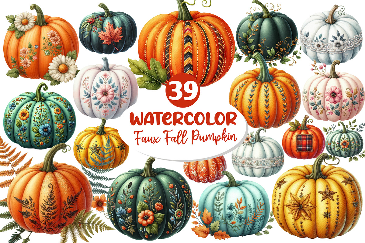 Faux Embroidery Fall Pumpkin Clipart, an Illustration by Dream Creation (Photo 1 of 7)