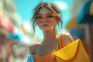 Young woman in stylish outfit and gl, a Photo by Tanuart