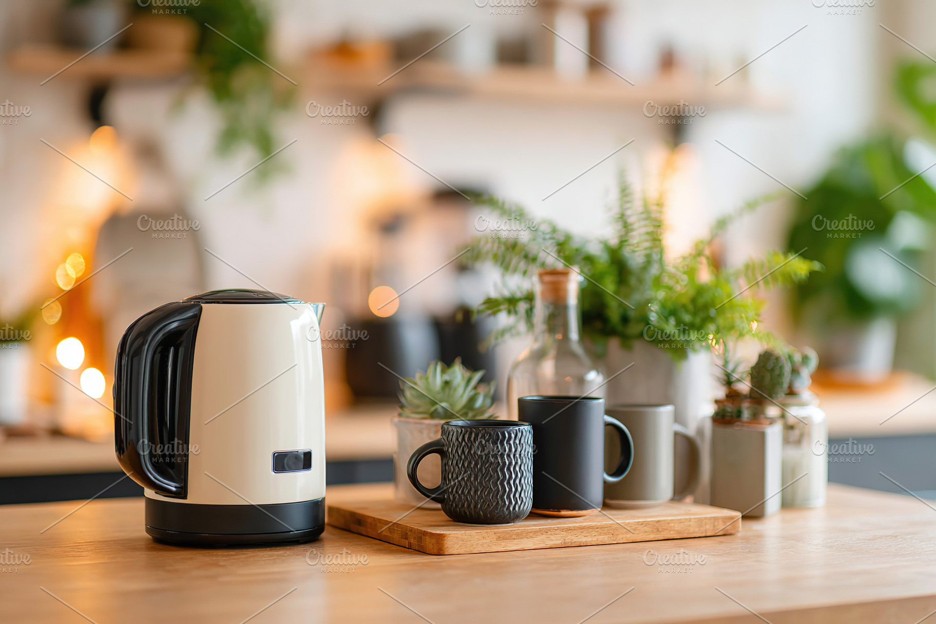 Cozy kitchen space with kettle and mugs surrounded by greenery and warm lightin, a Photo by AlyaAnd