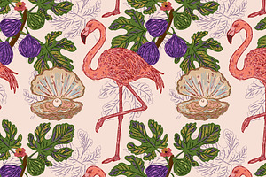 Flamingo, Fig and Pearl Oyster, a Pattern Graphic by NayaChu