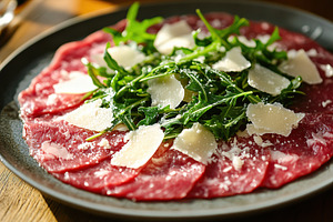 Fresh beef carpaccio topped with arugula and shaved cheese on a rustic wooden t, a Food & Drink Photo by AlyaAnd