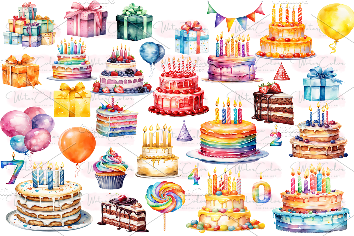 Happy Birthday Clipart Collection, a Decorative Illustration by Watercolor Digital (Photo 4 of 9)