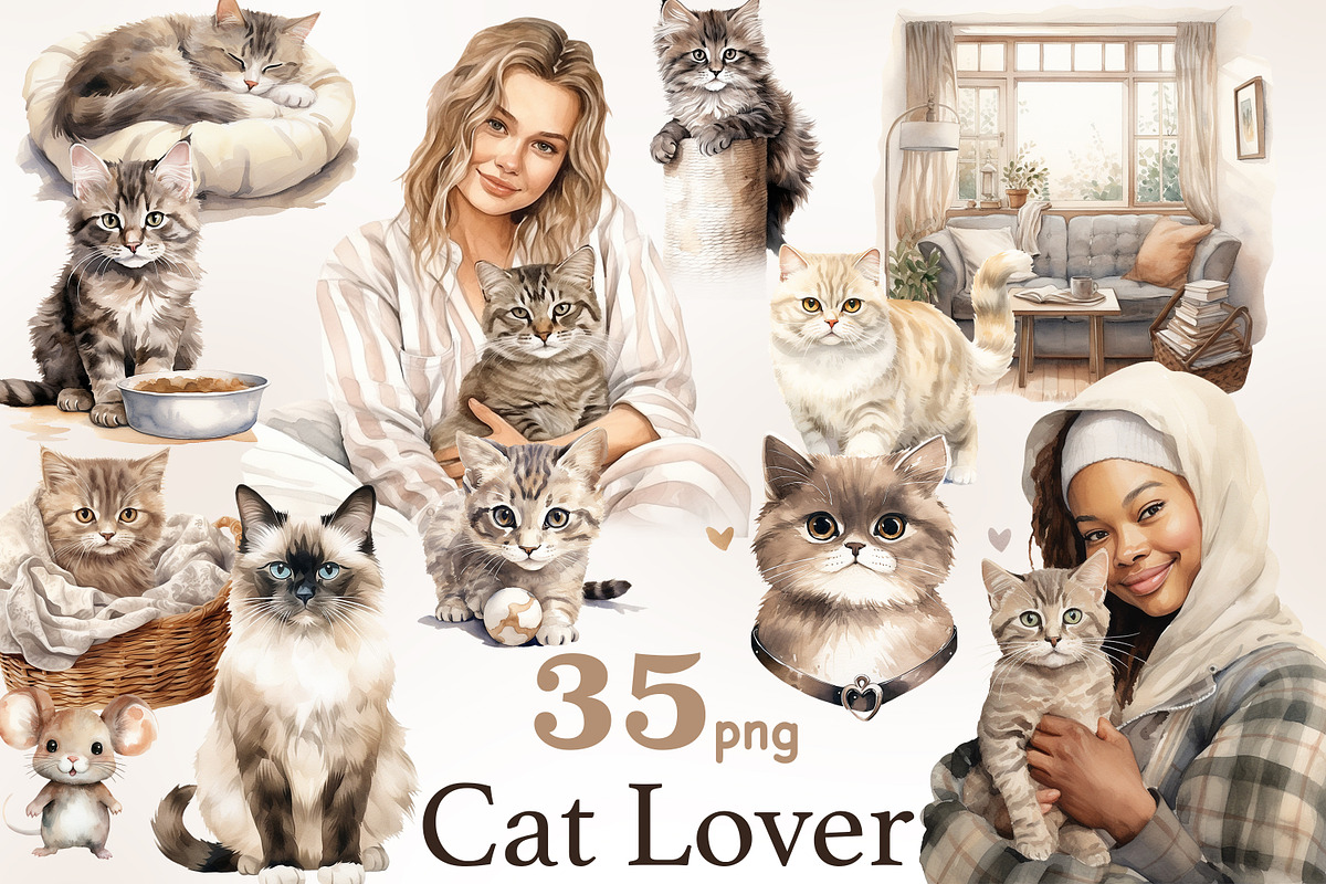 Cat Lover Clipart | Pet Illustration, an Animal Illustration by GlamArtZhanna (Photo 1 of 6)