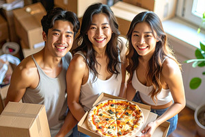 Group celebrating a moving‑in party with pizza, a Person Photo by DanFLCreativo