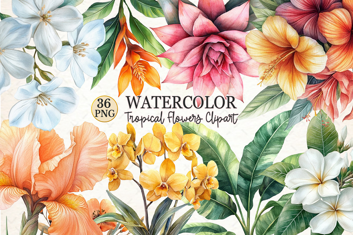 Watercolor Tropical Flowers Clipart, a Seasonal Illustration by Rose Art (Photo 1 of 6)