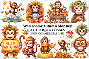 Watercolor Autumn Monkey Clipart, an Illustration by Craft Nest (Thumbnail 1 of 6)