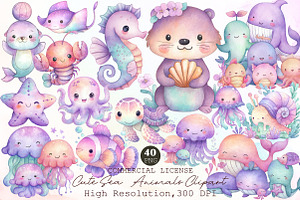 Cute Sea Animals Watercolor Clipart, an Animal Illustration by Sublimation Artist