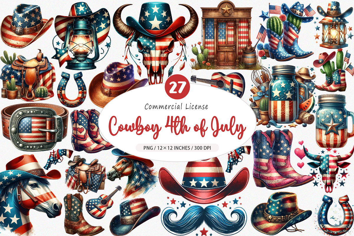 Retro Cowboy 4th of July PNG, an Illustration by SinaCreation (Photo 1 of 5)
