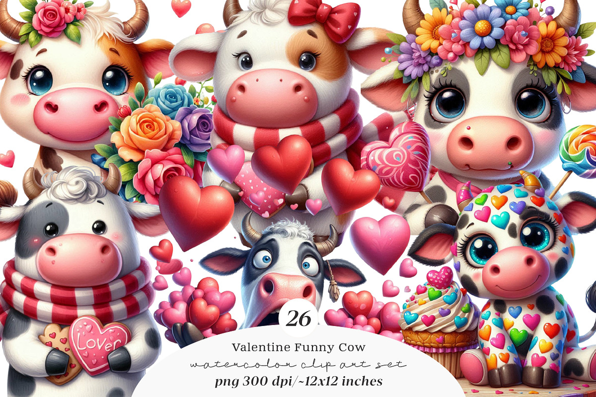 Quirky Valentine Funny Cow Clipart, an Illustration by SinaCreation (Photo 1 of 11)