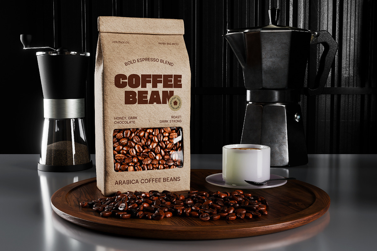 Coffee Bean Paper Bag Mockup, an Advertising Mockup by herutage (Photo 2 of 4)