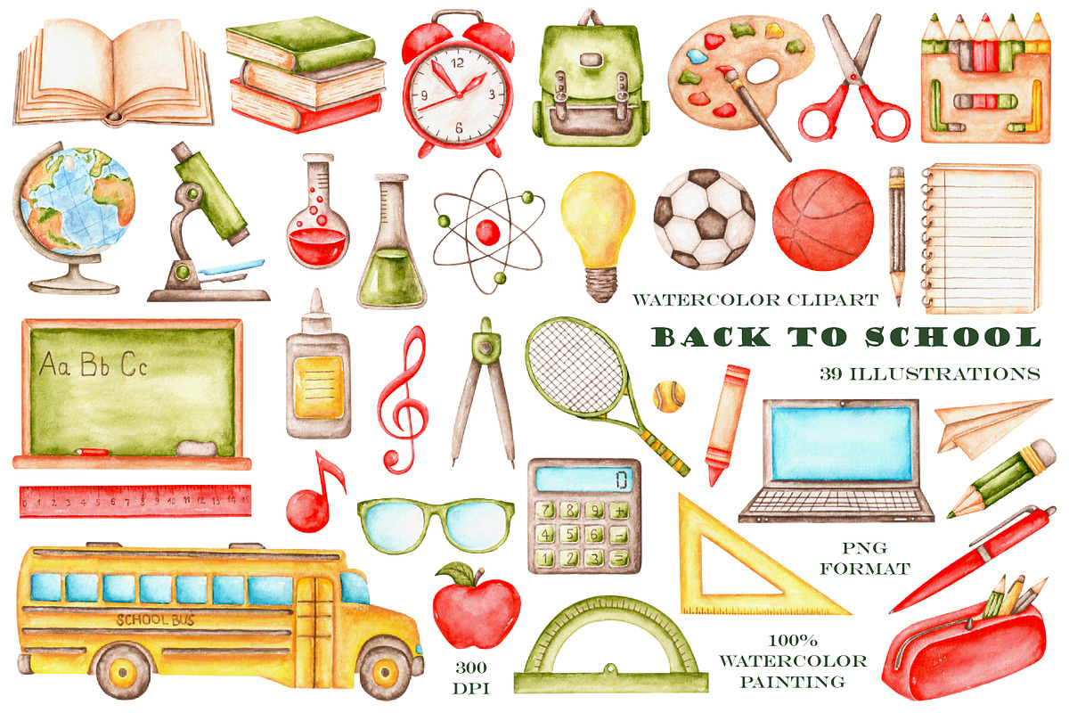 Back to school watercolor clipart., an Education Illustration by SabinaWatercolorArt (Photo 2 of 15)