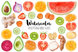 Watercolor fruit&vegetable slices