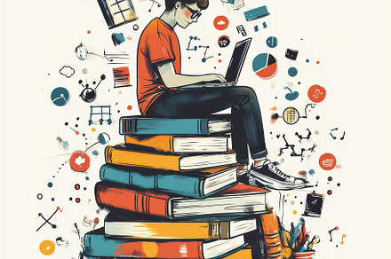 Student studying online laptop books, a Background Photo by Pixeness