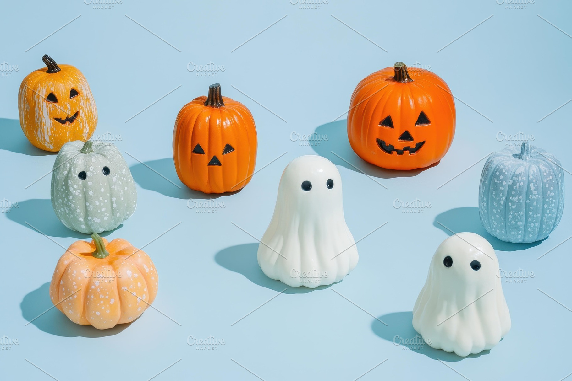 Colorful pumpkins and cute ghost dec, a Photo by Tanuart
