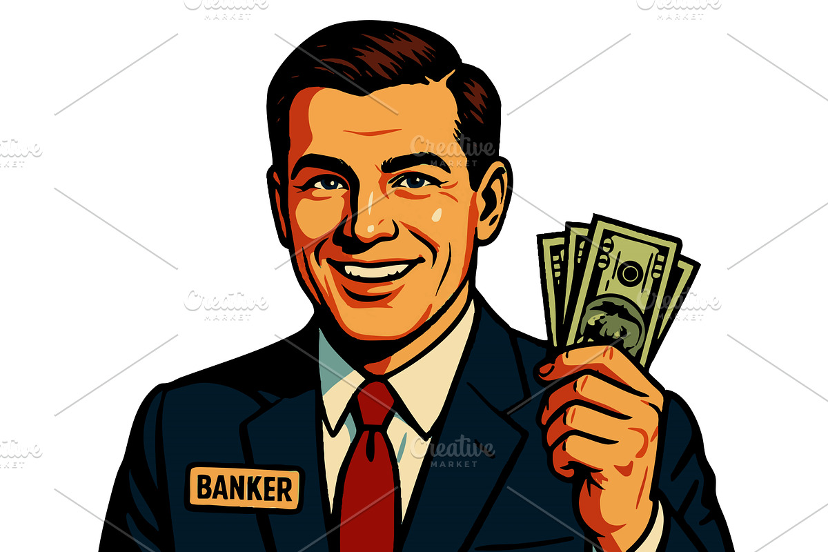 Smiling banker holding cash vector, a Person Illustration by AlexArt