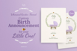 Lavender Floral Birth Announcement, a Card Template by SabaIslam.Studio