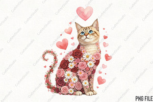 Floral Valentine Cat PNG Valentines, an Illustration by CraftArtStudio