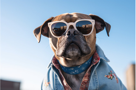 a pug wearing a small denim jacket, an Animal Photo by studioworkstock