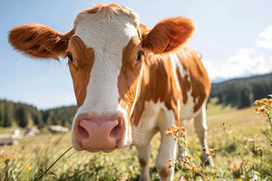 Close-up of a cow in a sunny meadow, an Animal Photo by AlyaAnd