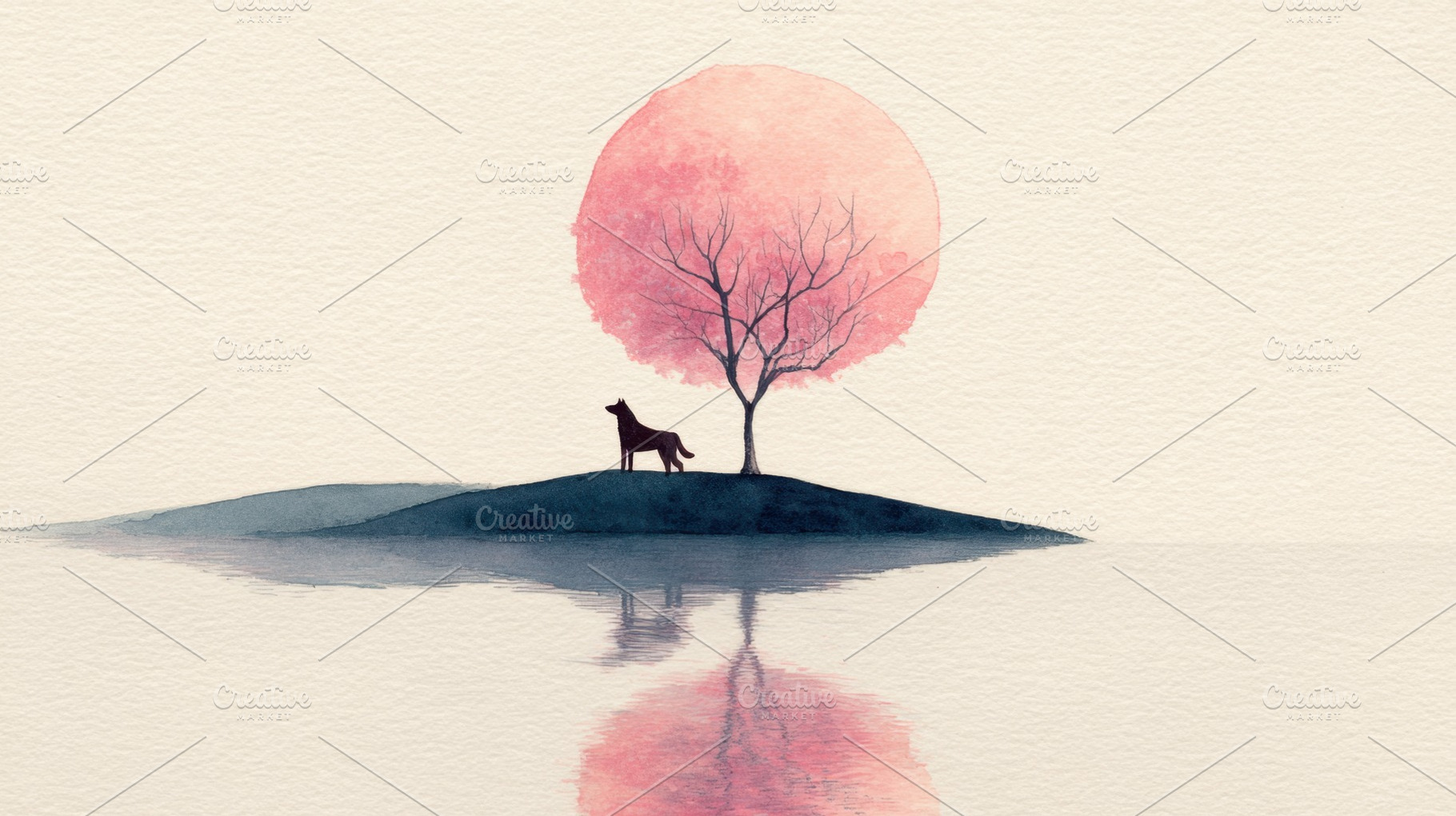 Wolf stands near tree under pink sun, a Photo by Beautiful things