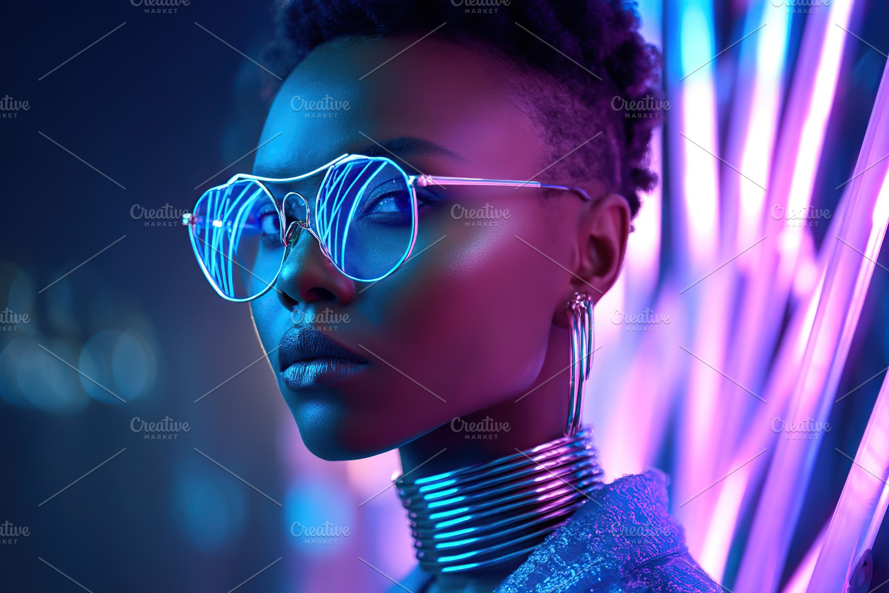 Young African woman in stylish sunglasses poses against vibrant neon backdrop, a Beauty & Fashion Photo by AlyaAnd