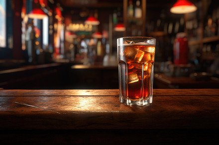 Glass of cola with ice cubes on a wo, a Photo by Iftikhar Alam