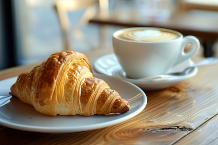 Cup of coffee and croissant on table in cafe with sunlights, a Food & Drink Photo by AlyaAnd