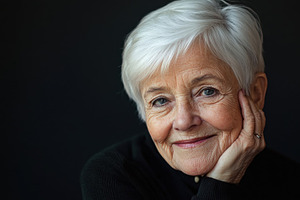 Smiling senior woman with white hair, a Photo by Beautiful things