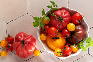 Fresh heirloom tomatoes in bowl on tile surface, a Food & Drink Photo by Olena Rudo