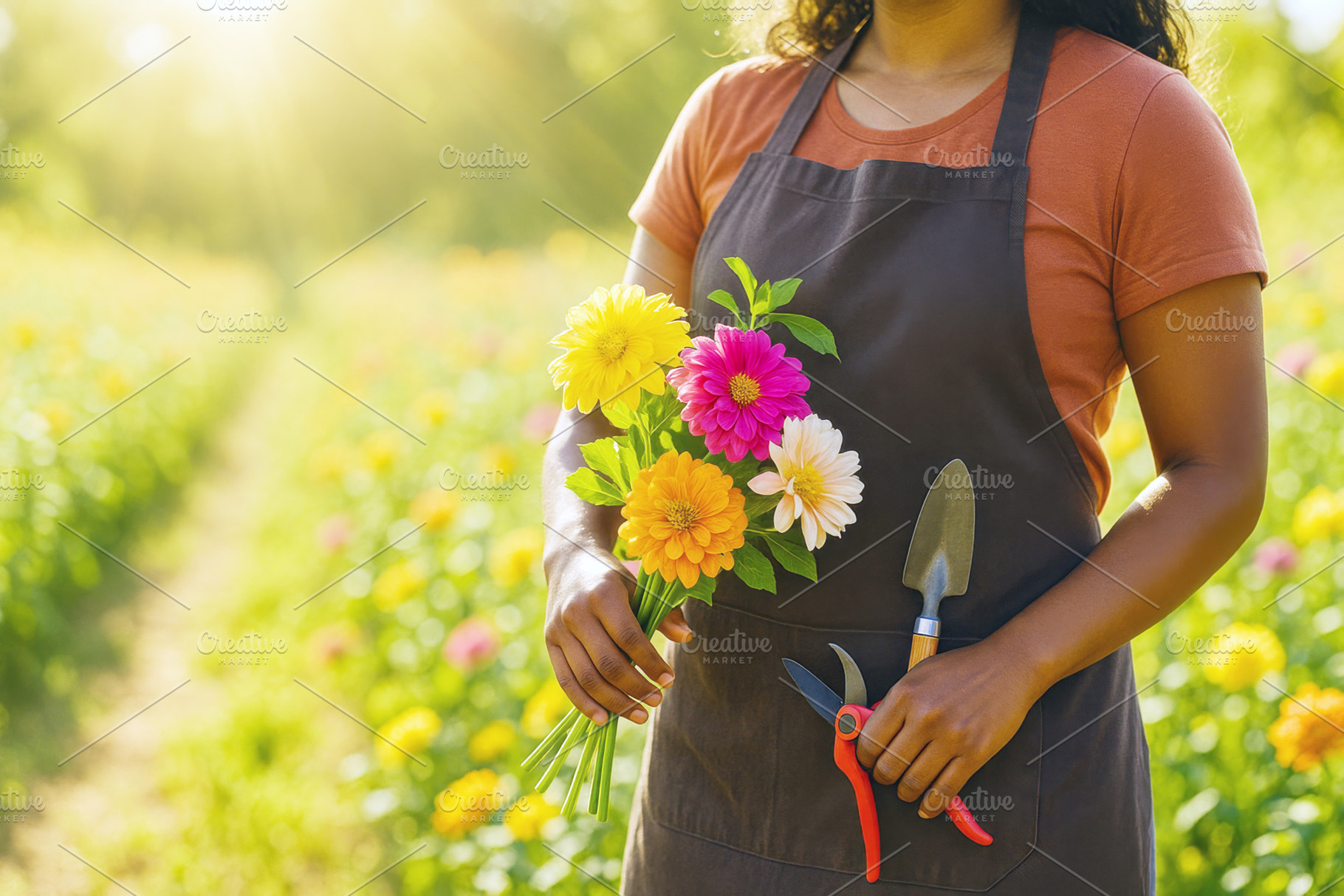 Woman farmer holding bouquet in sunny flower field, background,, a Photo by Dvoevnore photos