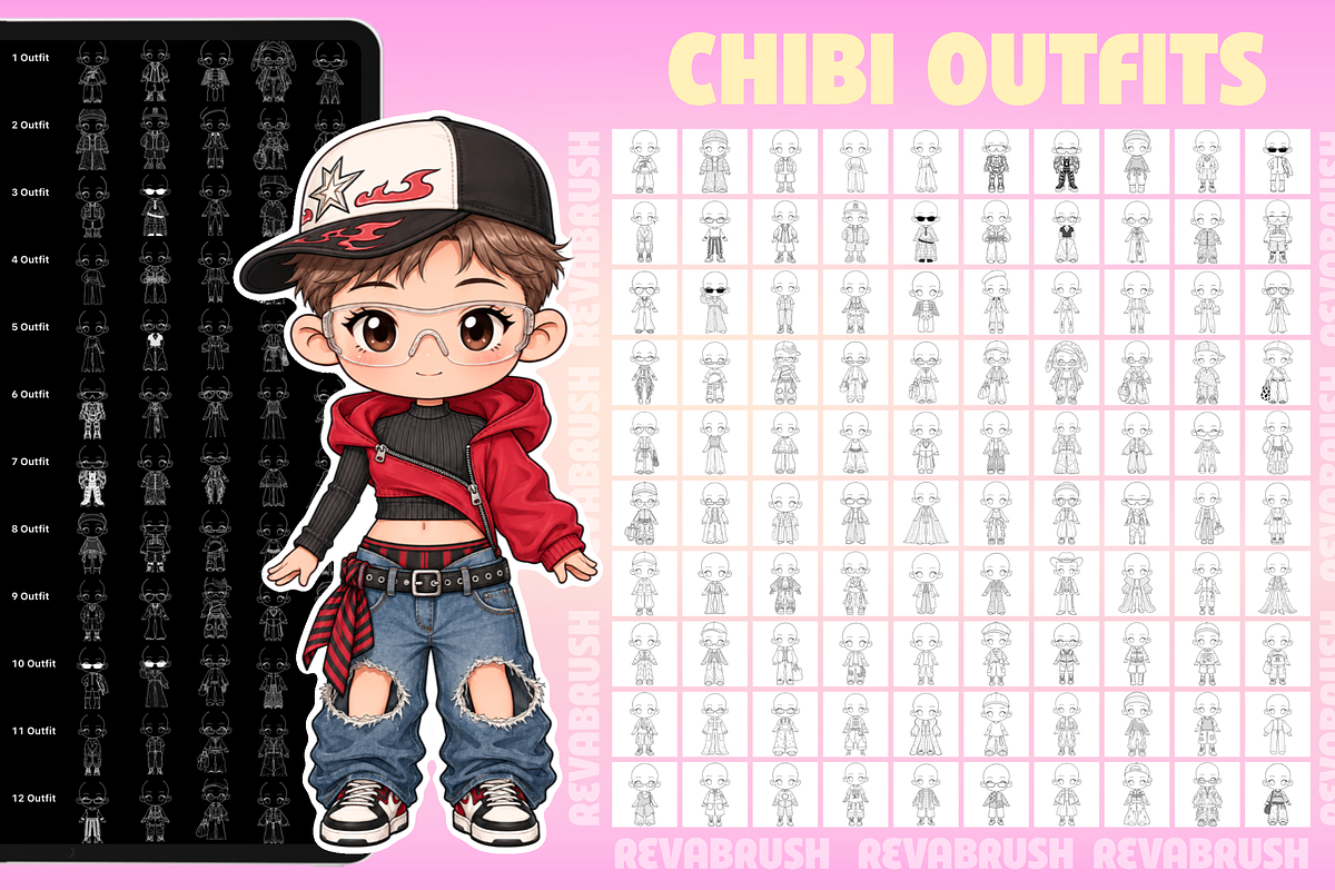 Chibi Procreate Outfit Pose brushes, a Brush Add-On by Revabrush (Photo 15 of 18)