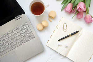 Modern flat lay styled desk mock up containing flat lay, modern, and clean