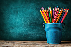 Wooden colorful rainbow pencils in bucket on wooden table, a School & Education Photo by AlyaAnd