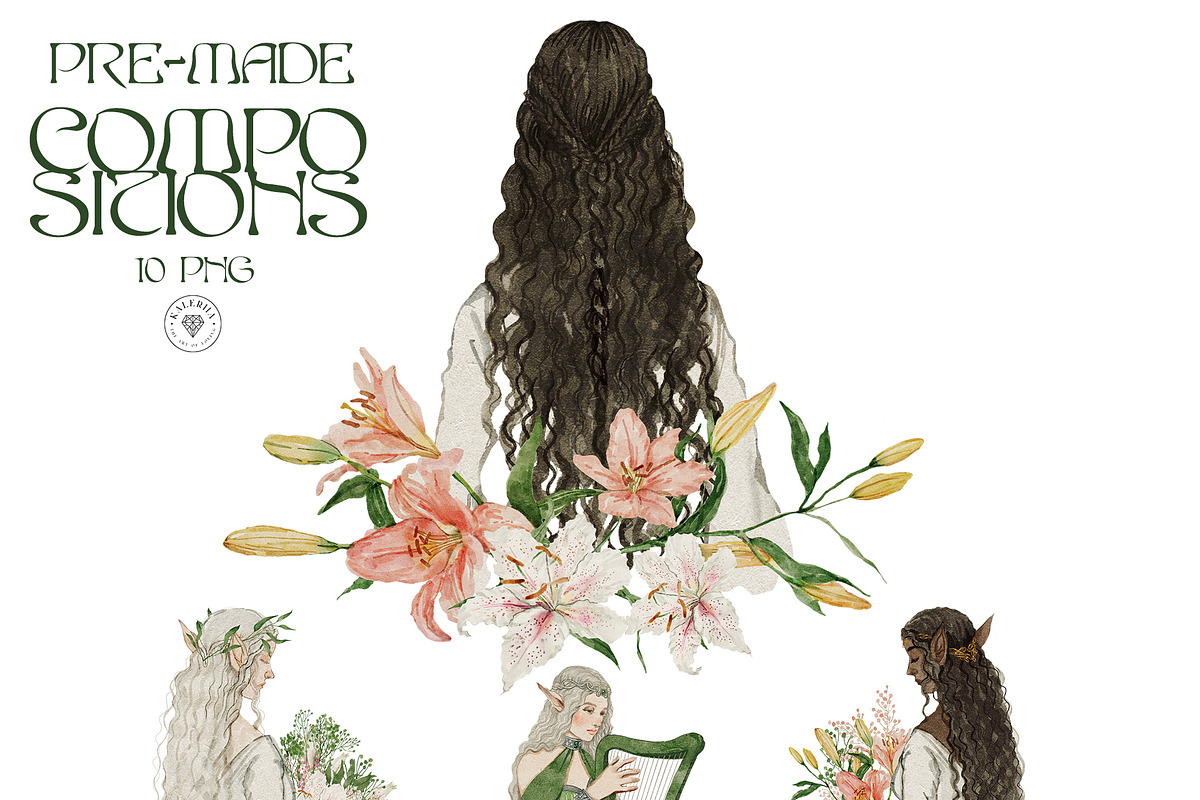 Watercolor Elf & Flowers Set, a Texture Illustration by Kaleriia (Photo 4 of 10)