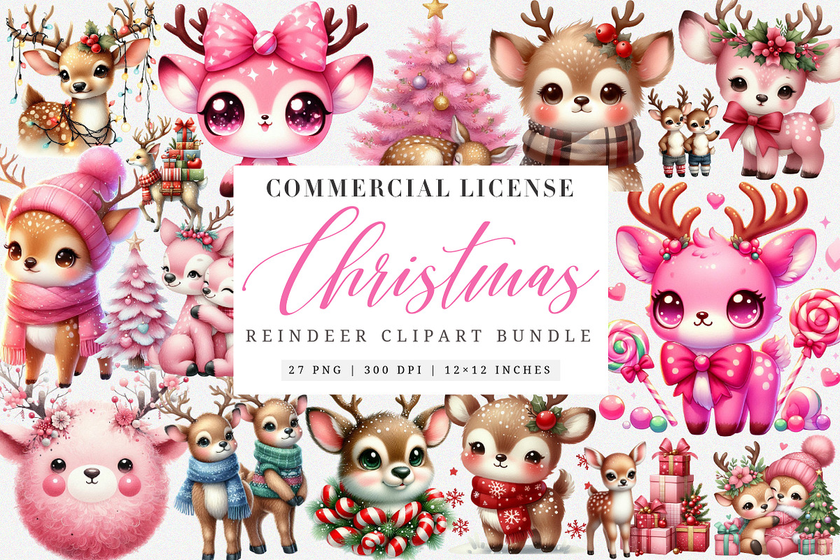 Watercolor Cute Pink Reindeer Clipar, an Illustration by SinaCreation (Photo 1 of 7)