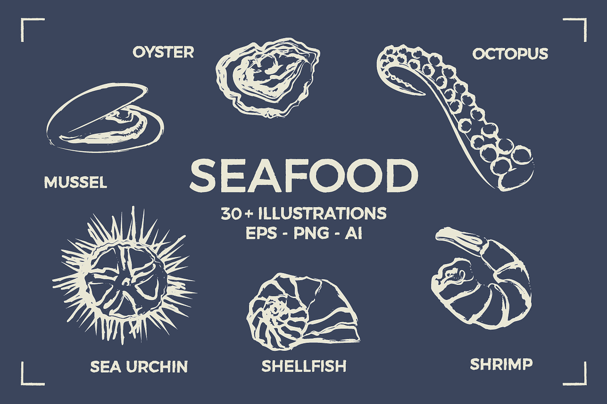 SEAFOOD (30+ illustrations), a Food Illustration by Bonfloret Studio (Photo 1 of 9)