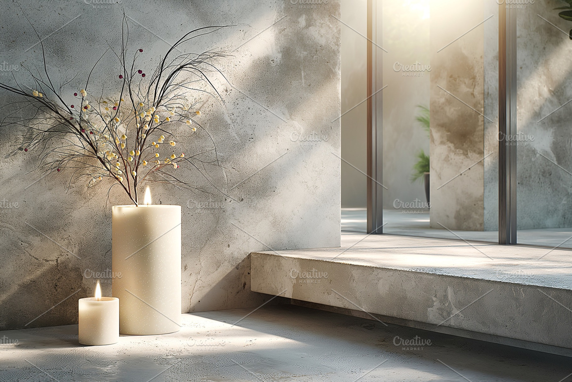 A serene corner featuring two lit candles and a decorative vase, creating a war, a Business Photo by ImageMir