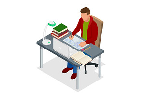 Isometric Young People And Student Concept. A Teenager Of 18-25 Years Old The Student Sits At The Table And Writes. Homework Or Lesson. Isolated On Wh