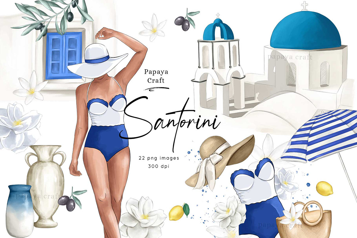 Santorini Greece Summer Clipart, an Illustration by Papaya Craft (Photo 1 of 6)