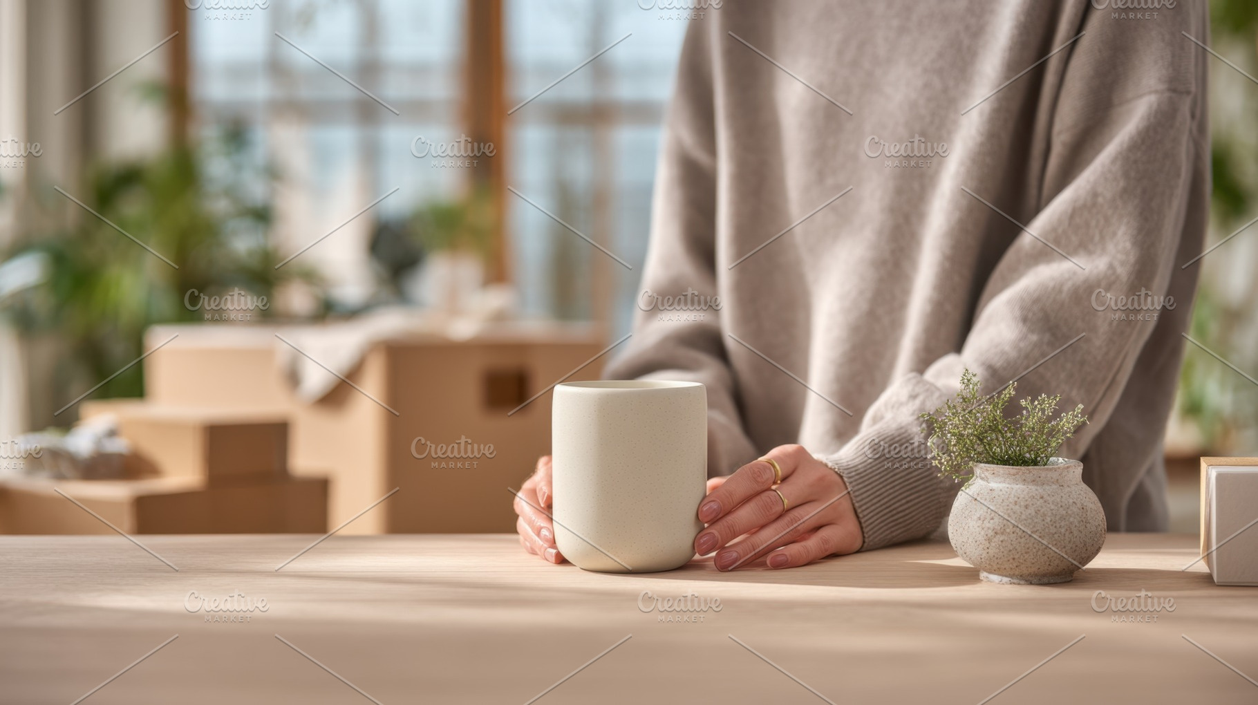 Hands hold a cup in a bright space, a Photo by Beautiful things