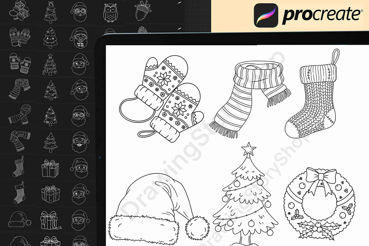 200 Procreate Christmas Stamps Set 2, a Brush Add-On by DrawingStoryShop