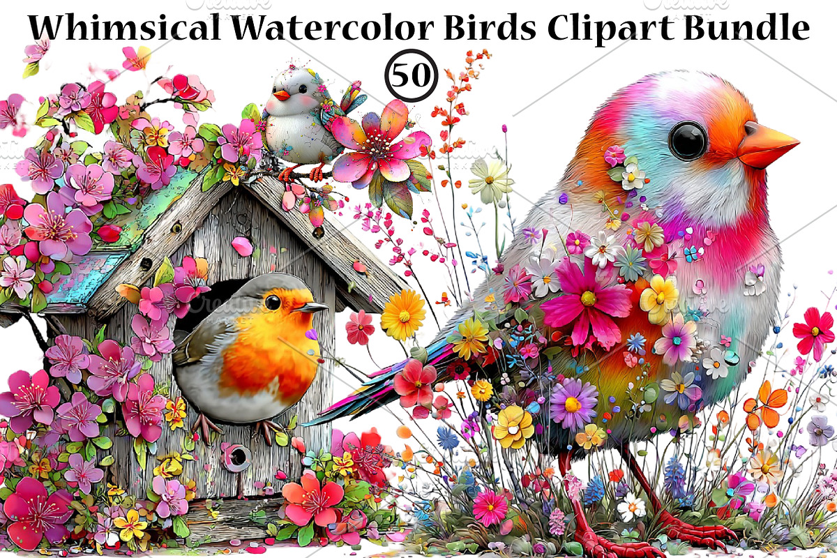 Whimsical Watercolor Birds Clipart, a Seasonal Illustration by CreationArt (Photo 1 of 6)
