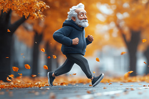 Elderly man jogging through an autum, a Photo by Tanuart