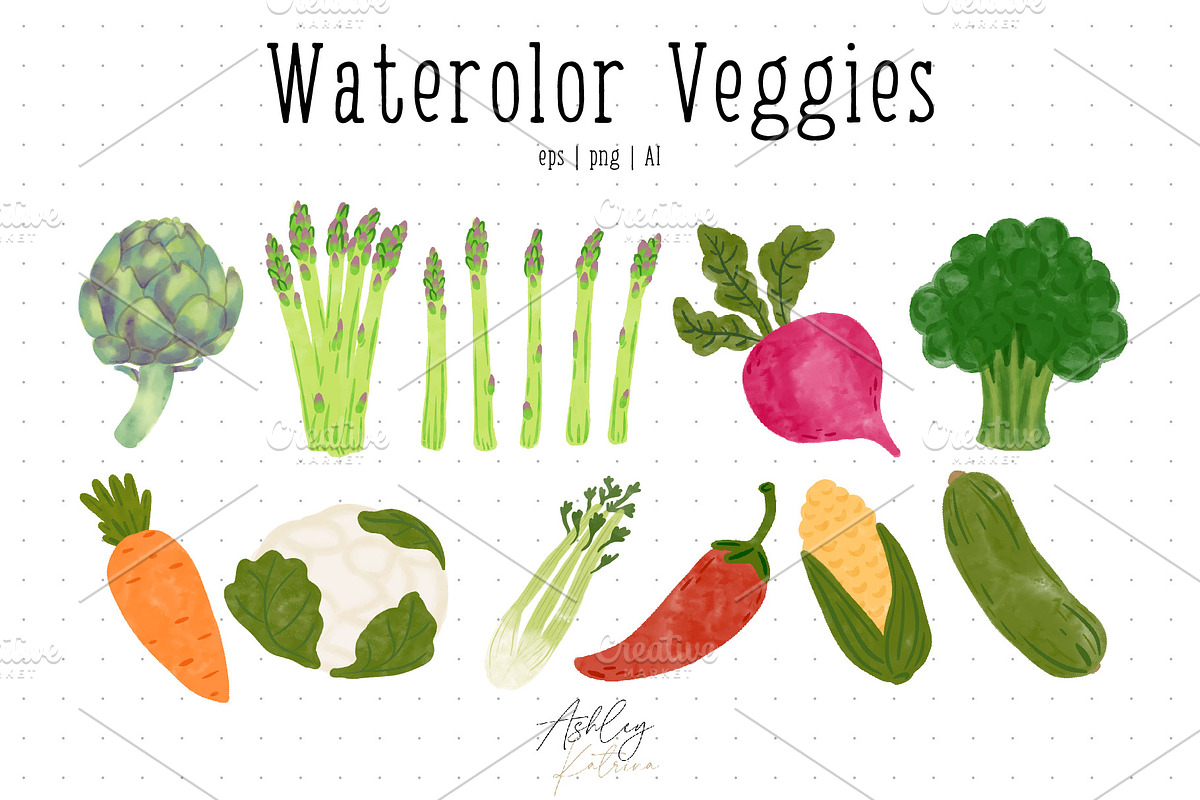 Watercolor Veggies with & w/o Faces, an Illustration by Ashley Katrina (Photo 3 of 10)