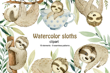 Watercolor sloths clipart., an Animal Illustration by TaPilipa