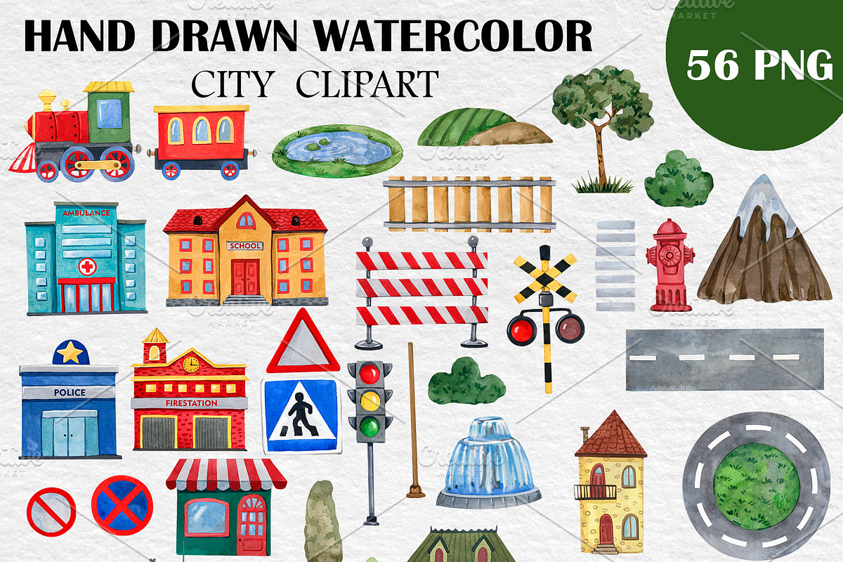 Watercolor Town Road Cars Houses PNG, a Transportation Illustration by PatternPalette (Photo 2 of 3)