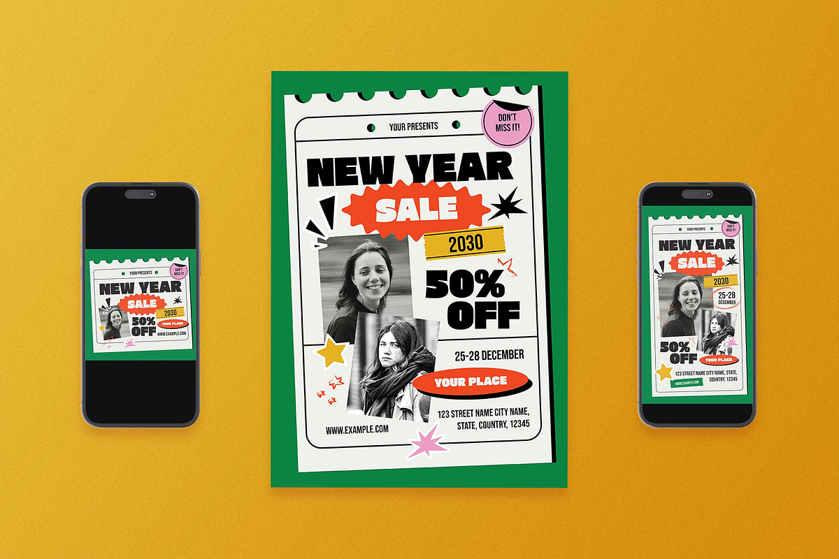 Green Indie New Year Sale Flyer Set, a Flyer Template by Aiyari Graphic (Photo 1 of 3)
