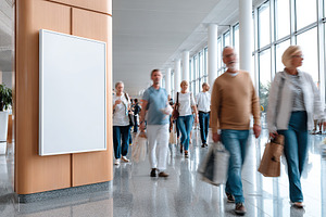 Mockup of a vertical poster displayed on a wall in a busy indoor public space, a Person Photo by AlyaAnd
