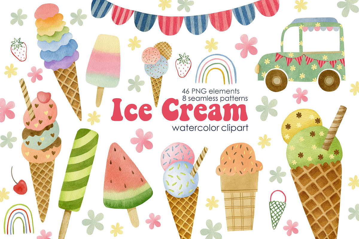 Watercolor Ice Cream Clipart., an Object Graphic by Kira Konoshenko (Photo 1 of 7)